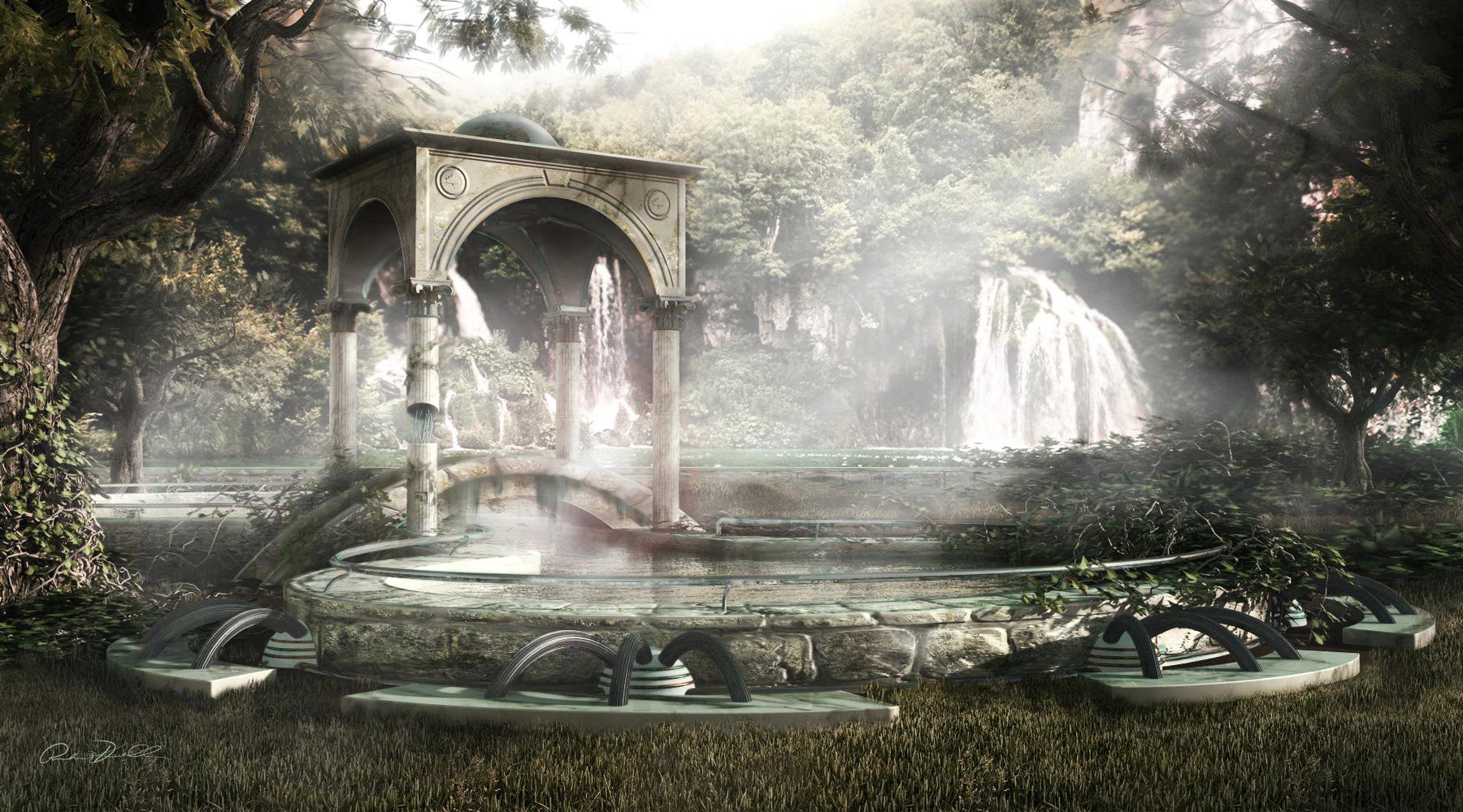 Old Fountain of the Future, concept environment illustration