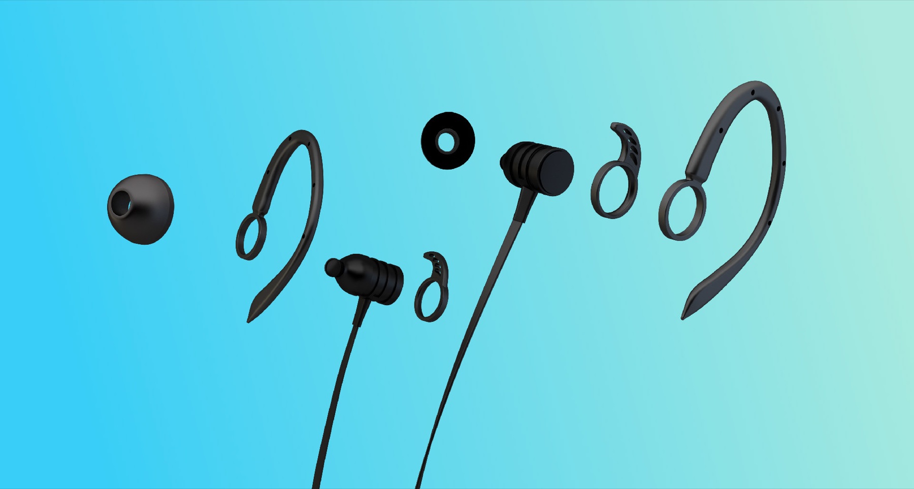 Rift Earbuds 3D model, product render on cyan background