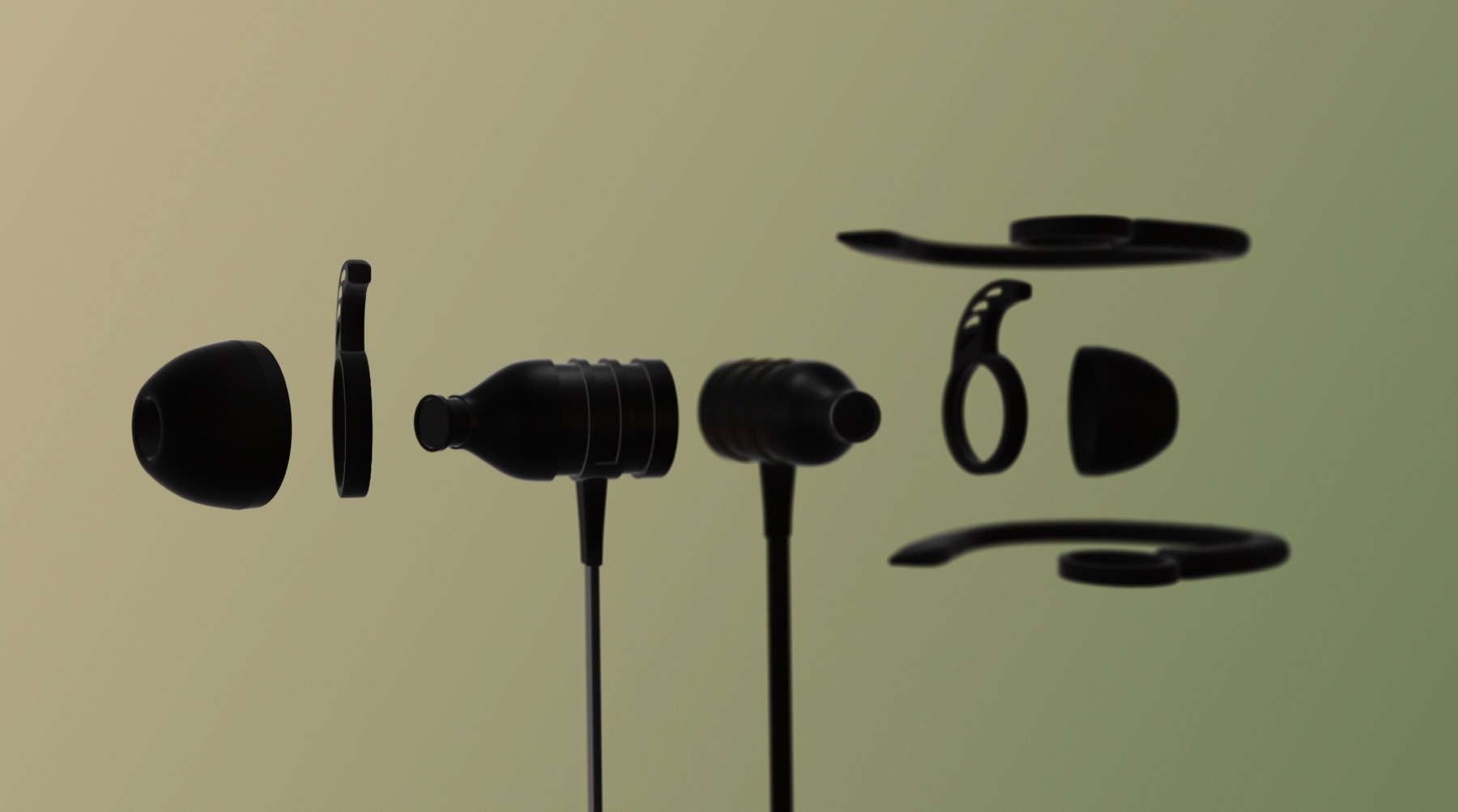 Rift Earbuds 3D model, render on tan background