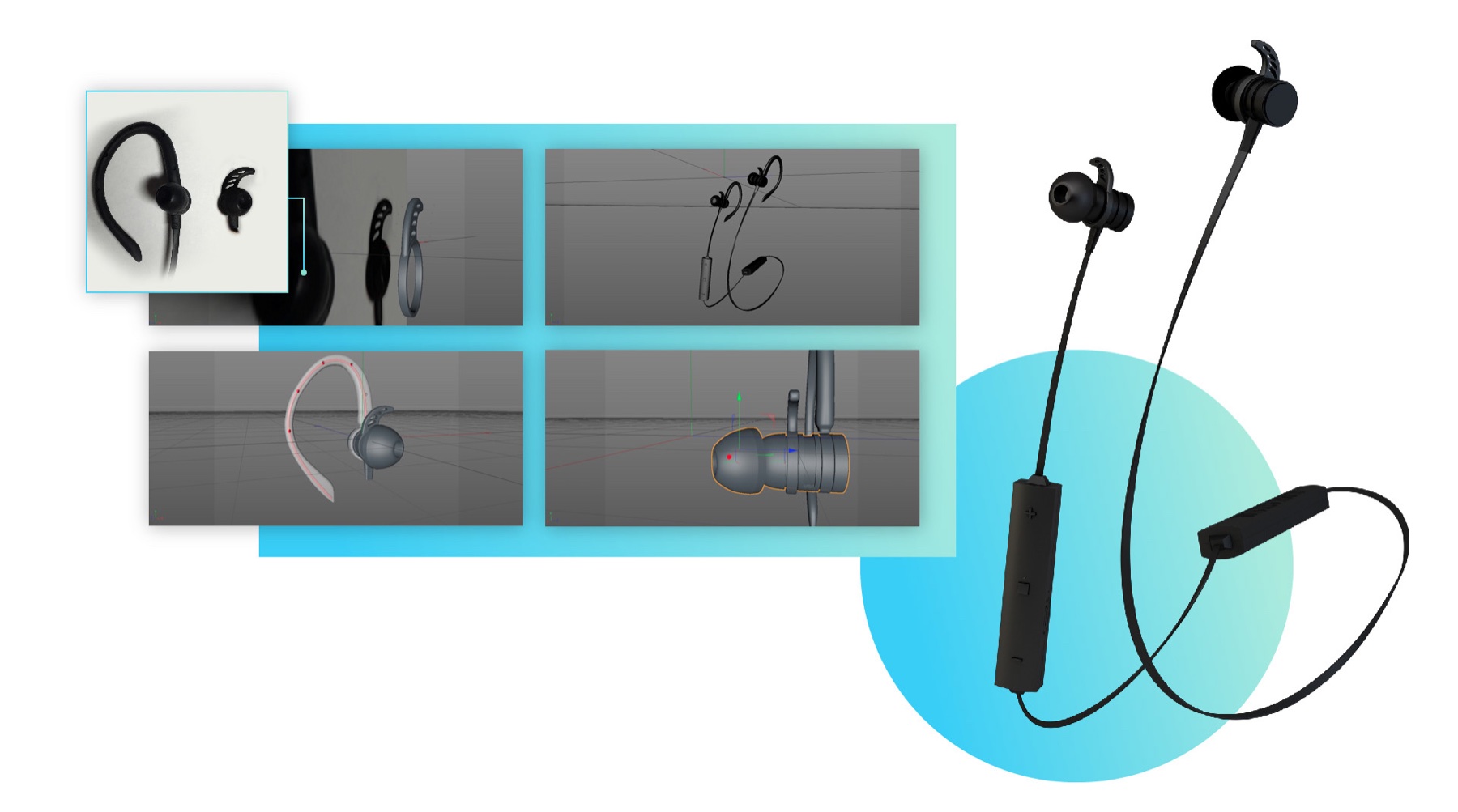 Rift Earbuds 3D model, final asset collage