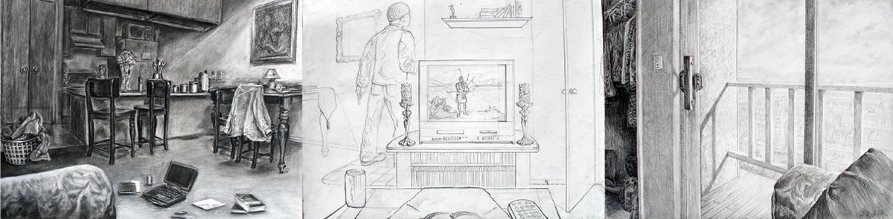 My First Apartment, three-panel panoramic drawing in charcoal and pencil