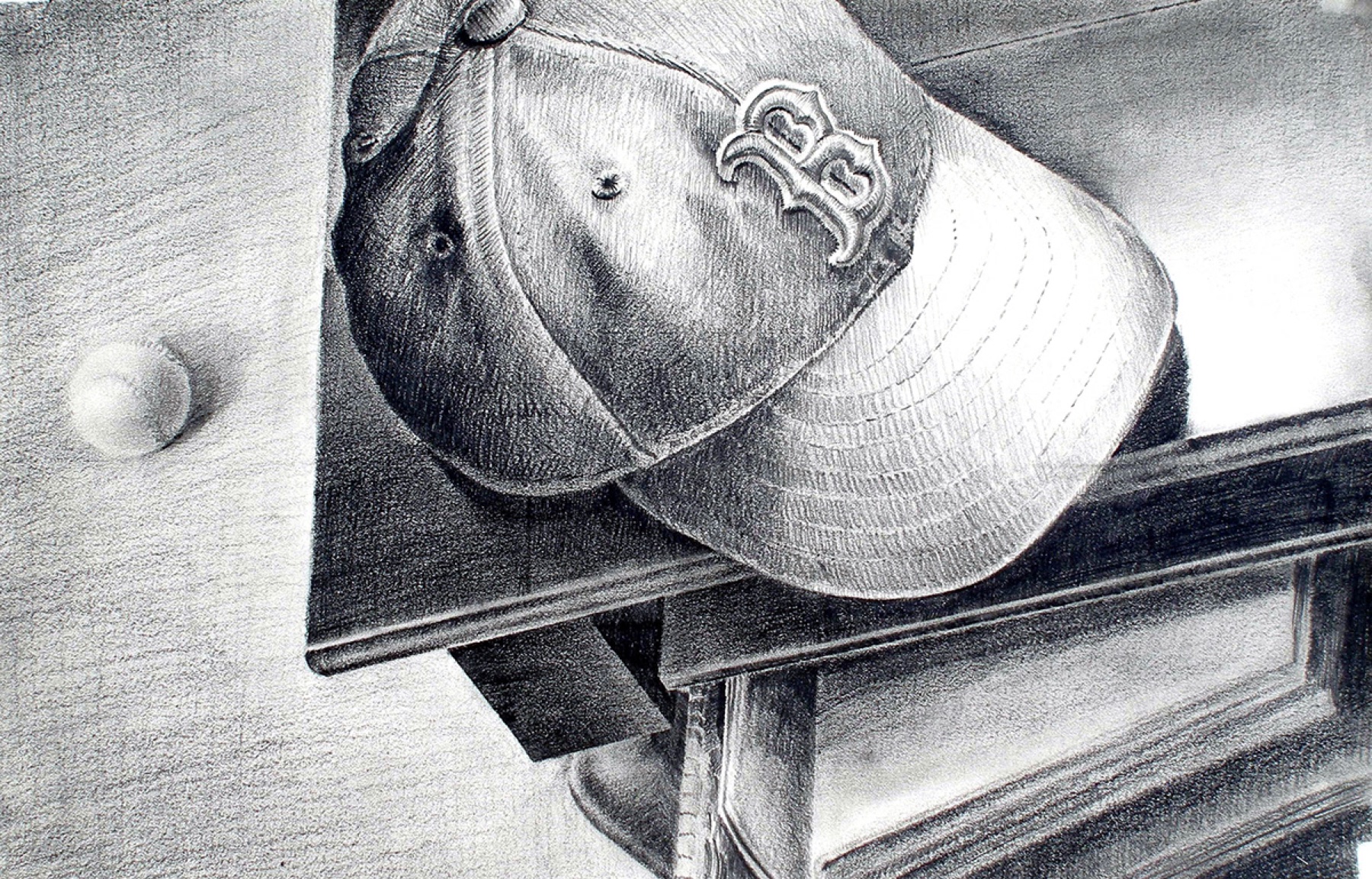 Still life, charcoal, baseball cap