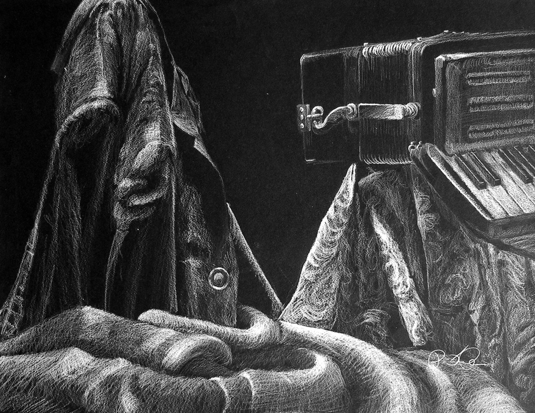 Still life, charcoal, jacket and camera