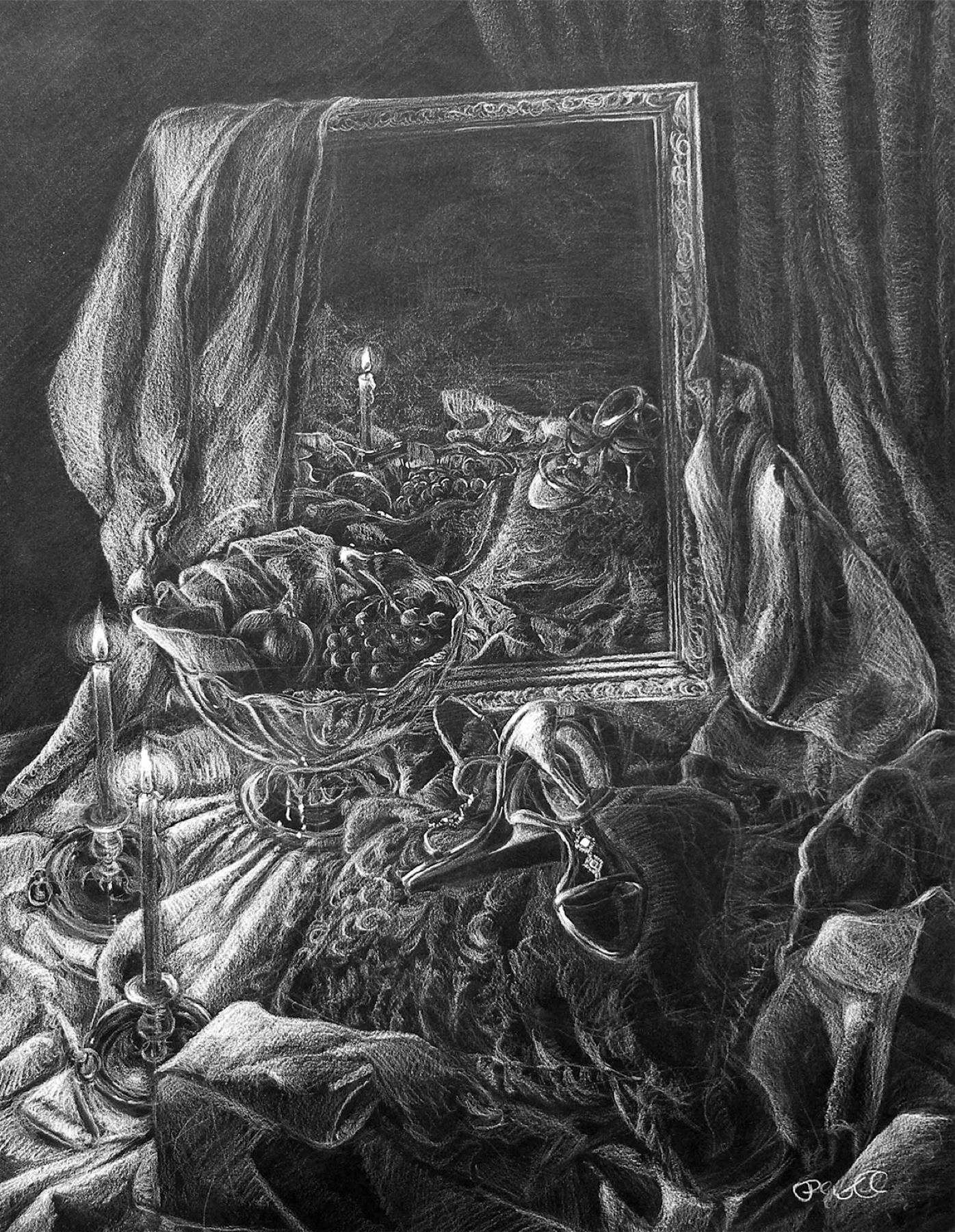 Still life, charcoal, mirror reflection
