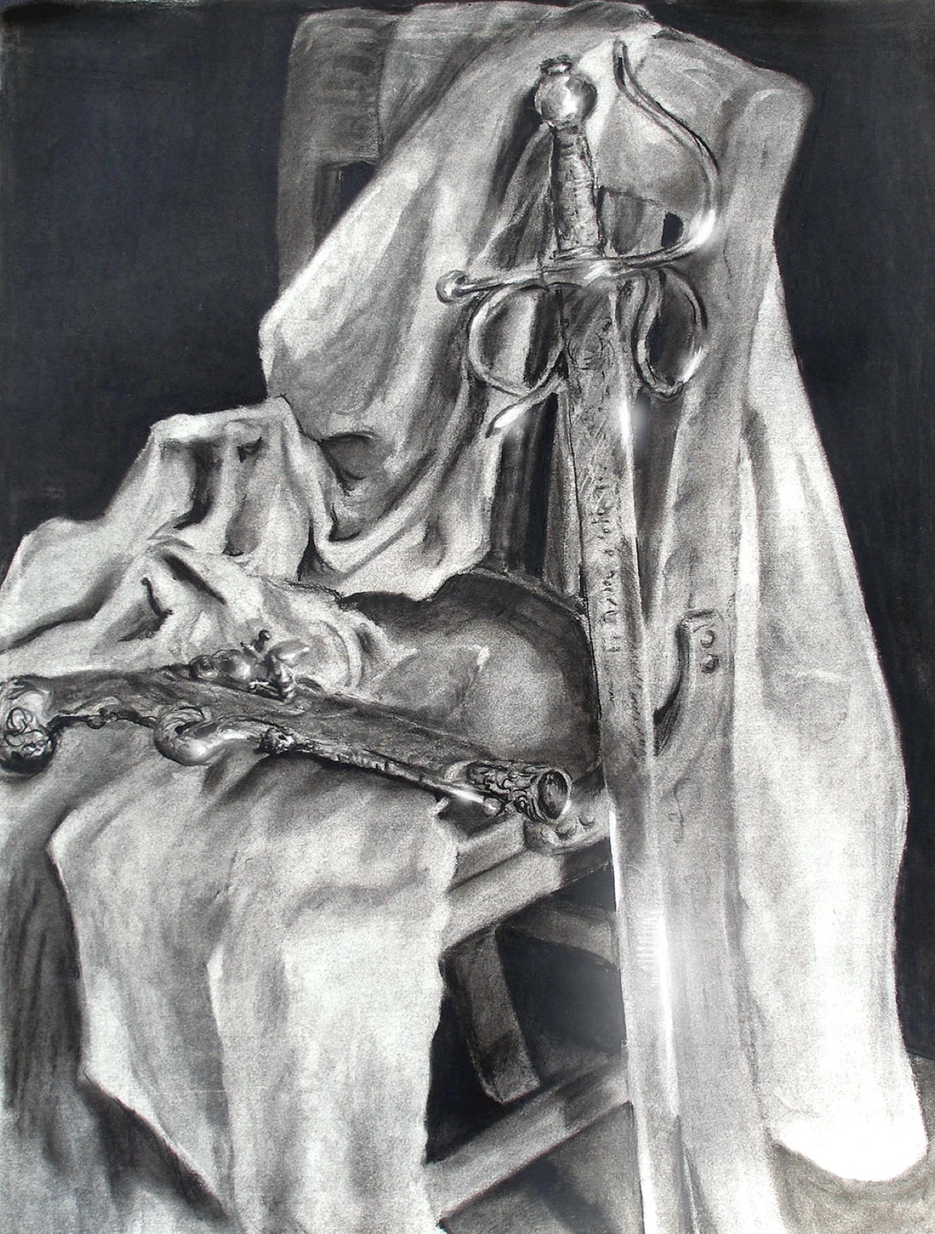 Still life, charcoal, armor and chair
