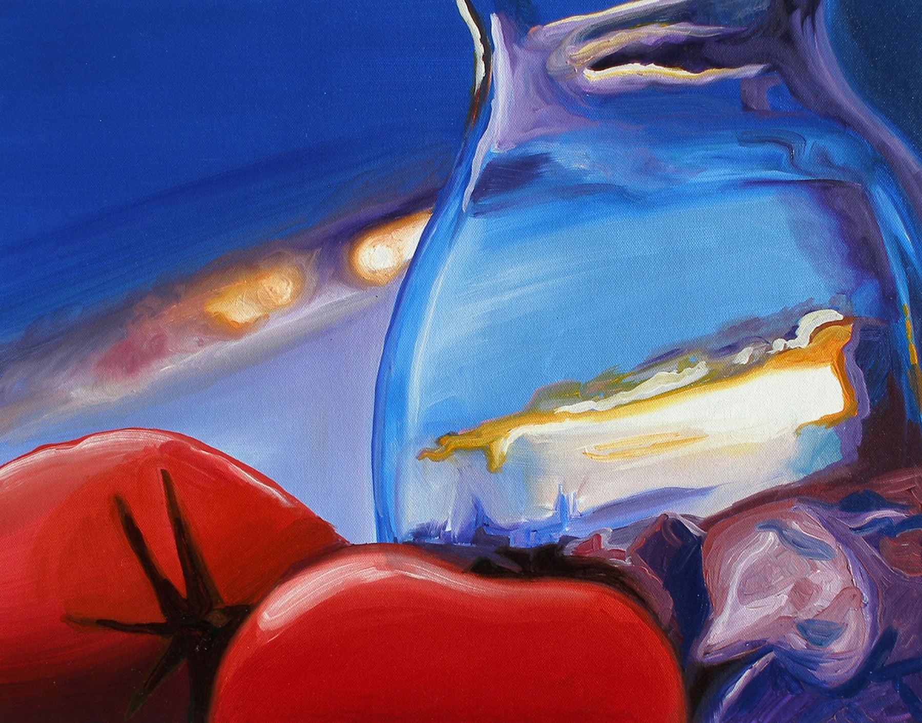 Still life, oil, tomatoes and glass vase