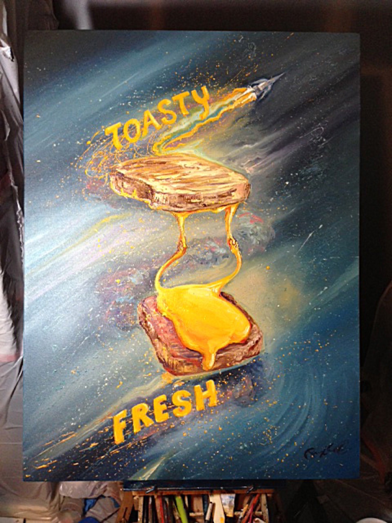 "Toasty Fresh" painting, work in progress on the easel