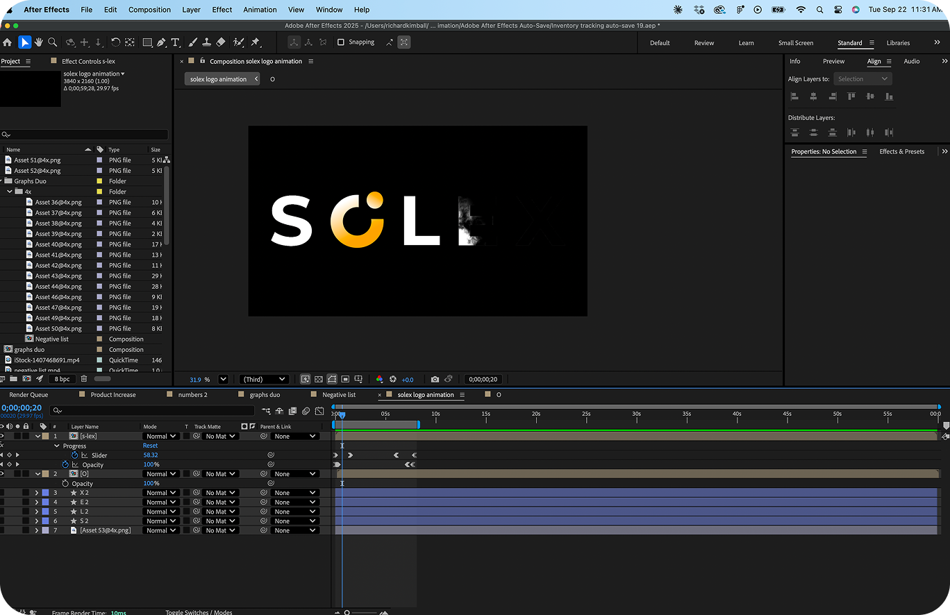 After Effects timeline for the Solex logo reveal animation