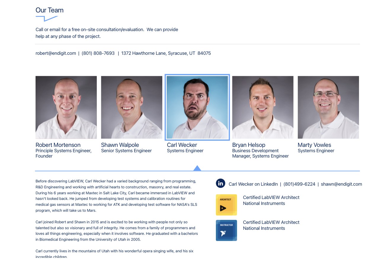 Endigit team portraits, hovering reveals a candid expression