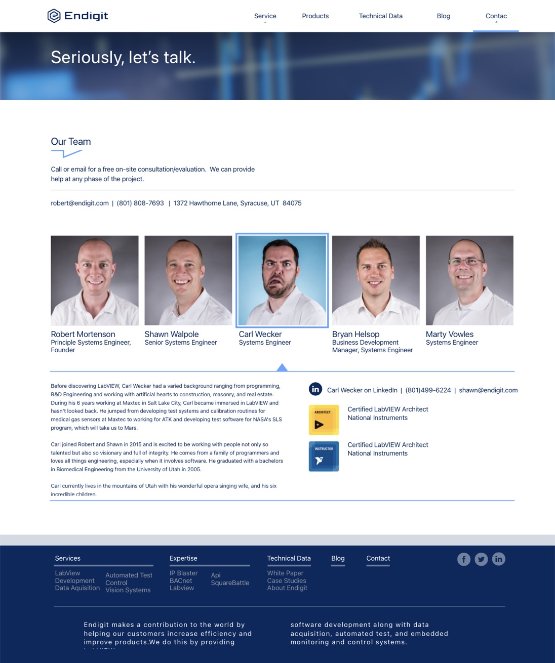 Endigit website About page, showing the employee portrait hover interaction