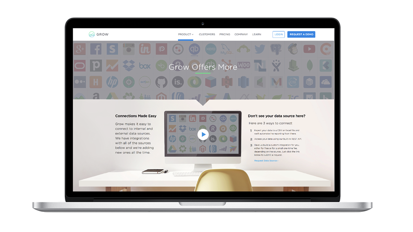 Grow marketing website on a laptop, showing the data-source integrations page