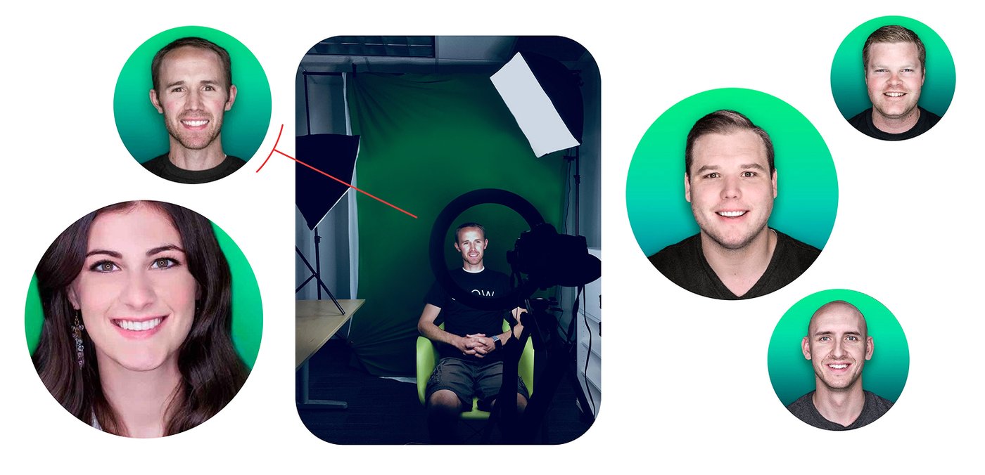 Ring-light team headshots shot for the Grow about page, styled to echo the Grow logo