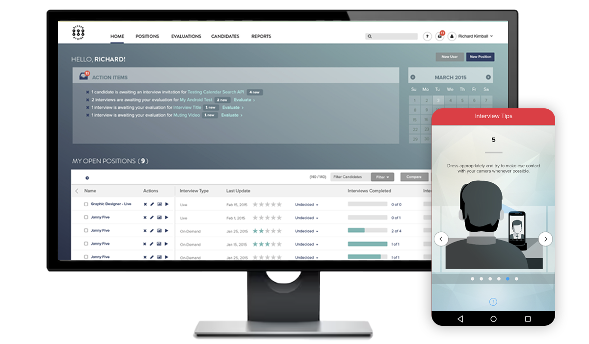 HireVue interview evaluation dashboard on a monitor and phone
