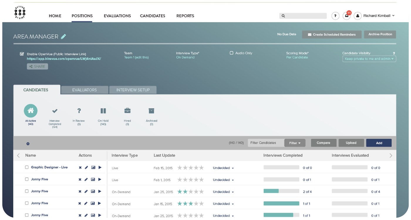 Finished HireVue Coach position detail screen, Candidates tab