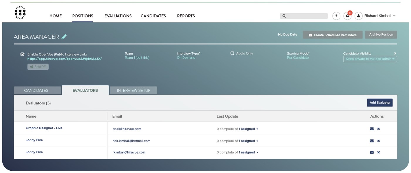 Finished HireVue Coach position detail screen, Evaluators tab