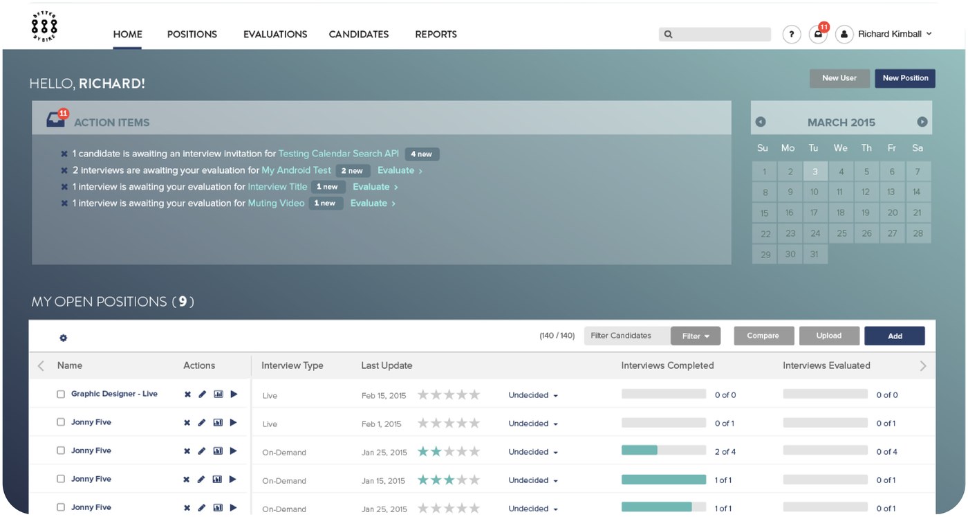 Finished HireVue Coach home dashboard design