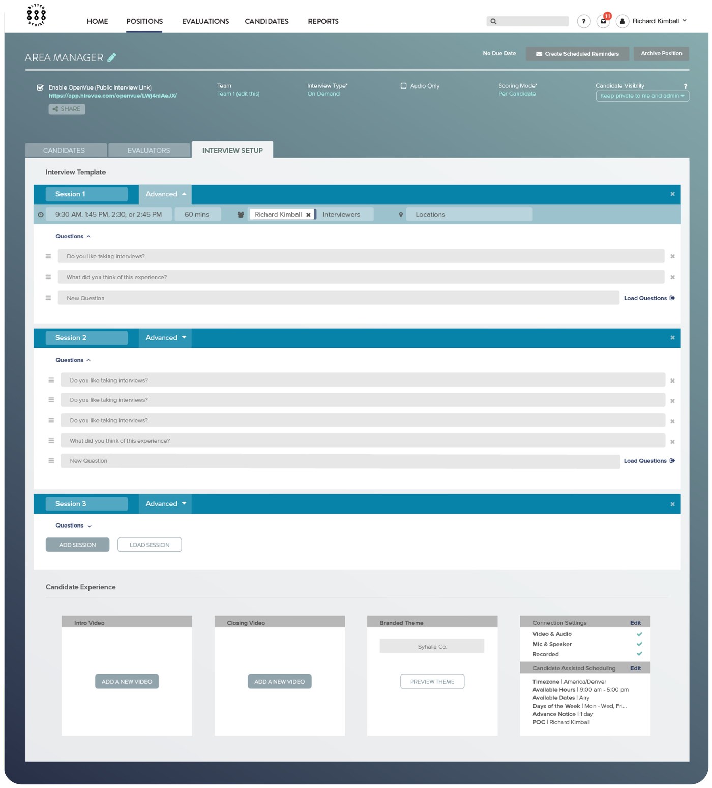 Finished HireVue Coach interview setup screen with multiple sessions