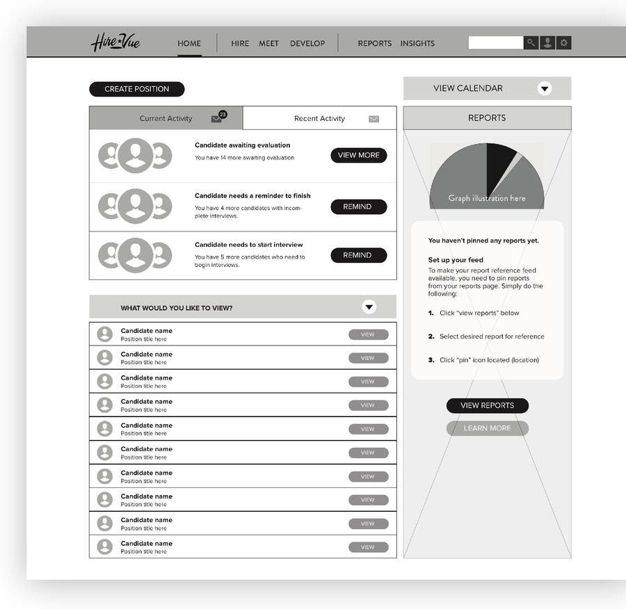 Wireframe exploration of the HireVue Coach home dashboard, variant 1