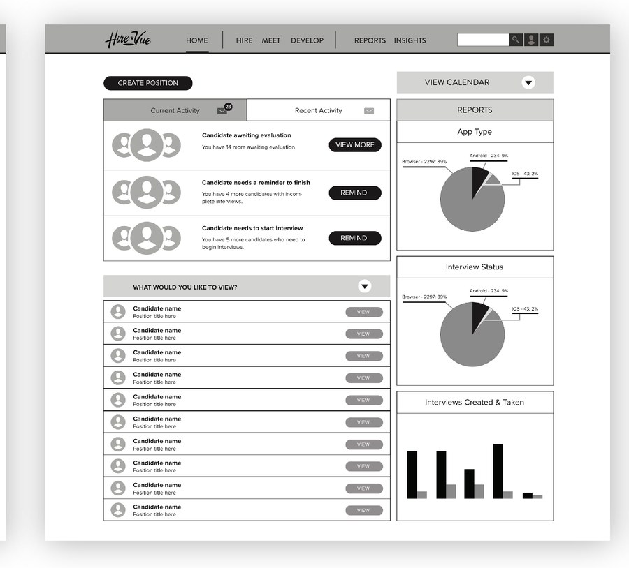 Wireframe exploration of the HireVue Coach home dashboard, variant 2