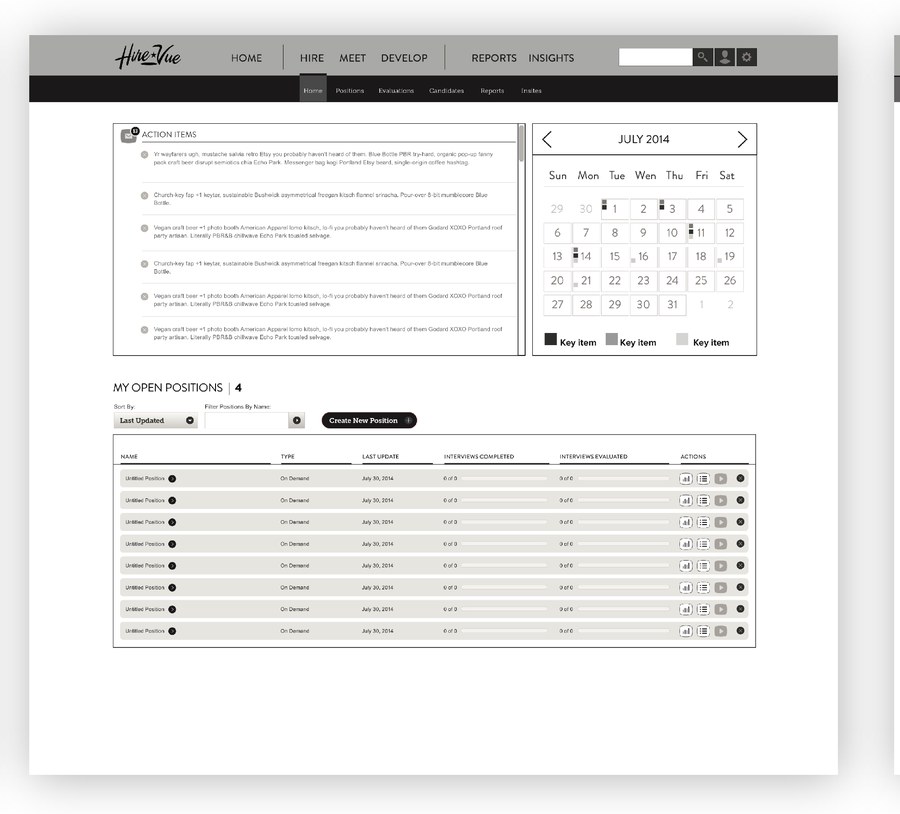 Wireframe exploration of the HireVue Coach positions and candidates screen, variant 1
