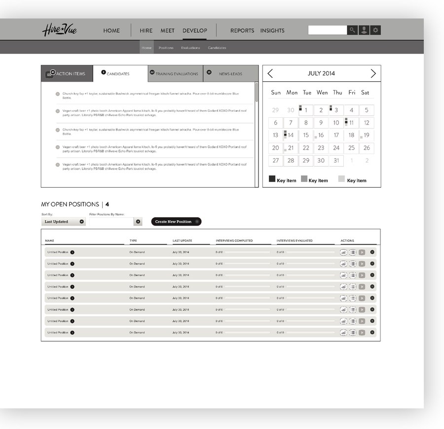 Wireframe exploration of the HireVue Coach positions and candidates screen, variant 2