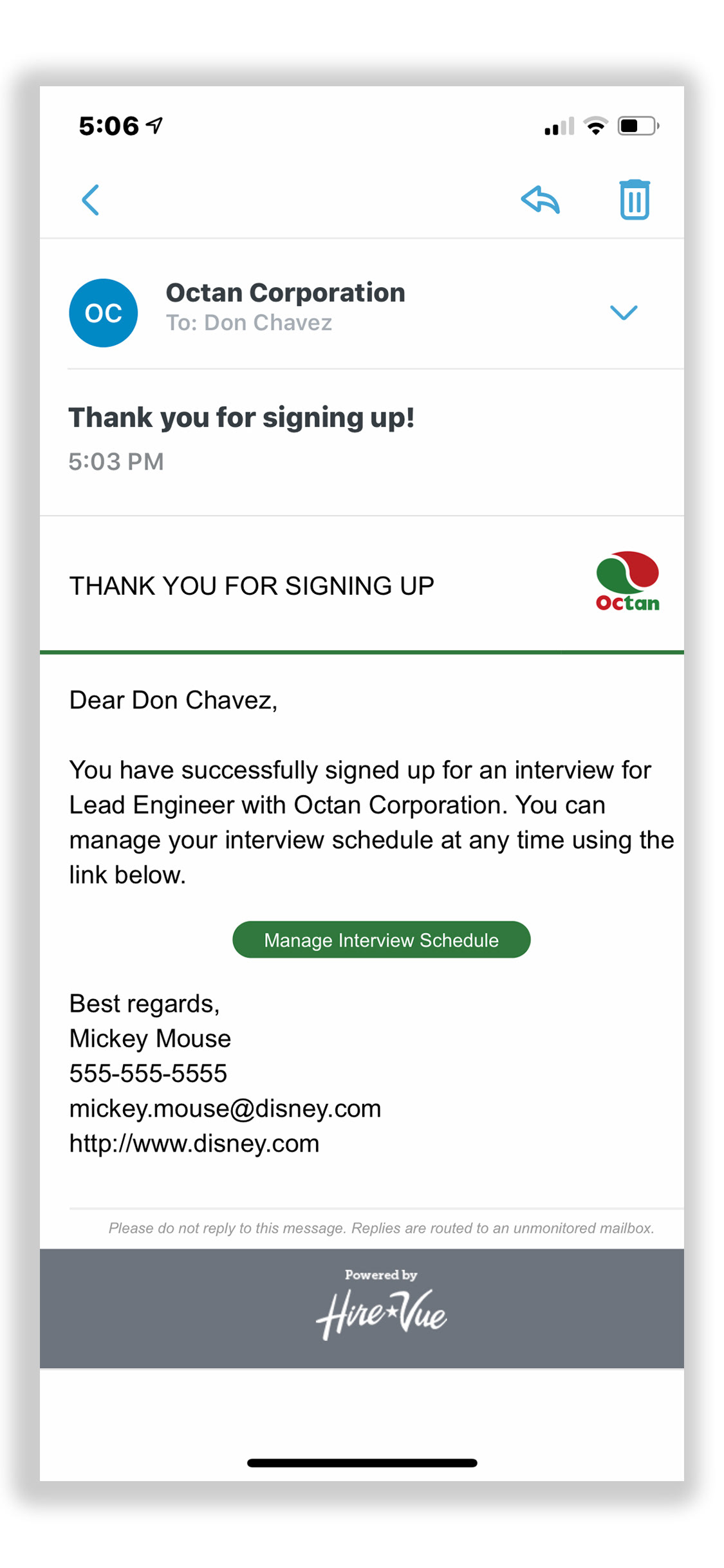 Candidate self-scheduling email from HireVue Coordinate