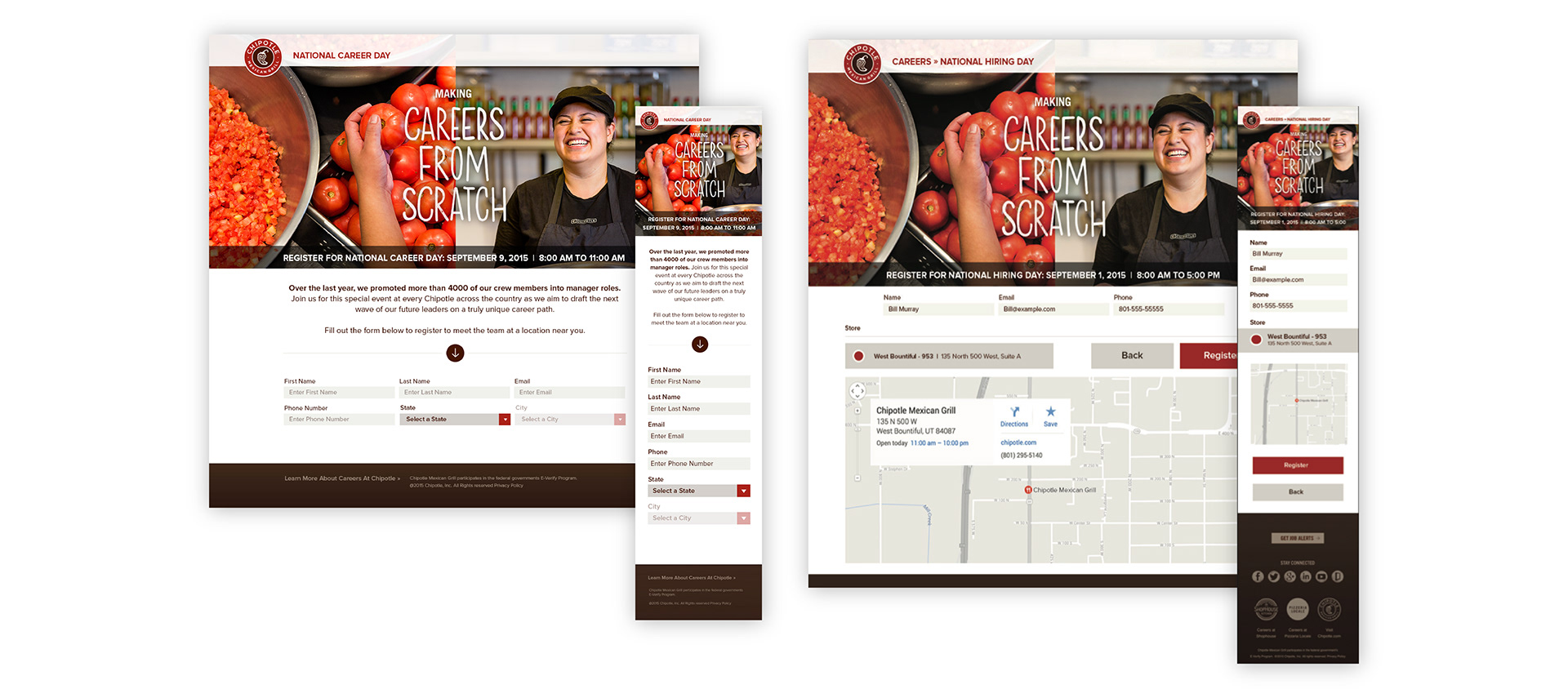 Chipotle National Career Day and National Hiring Day candidate registration pages, desktop and mobile