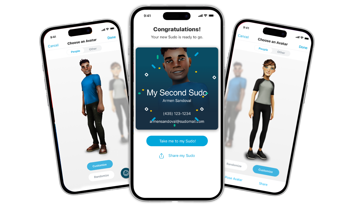 MySudo avatar creation and second-phone-number screens