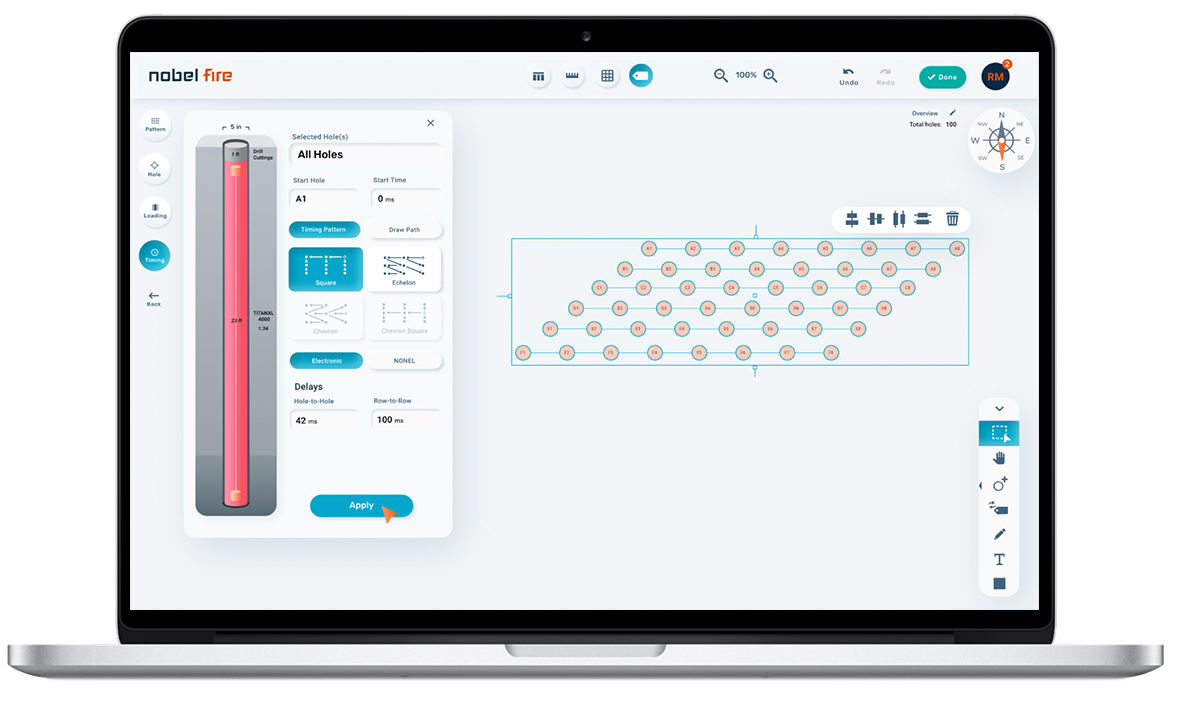 Nobel Fire blast-pattern planning tool on a laptop