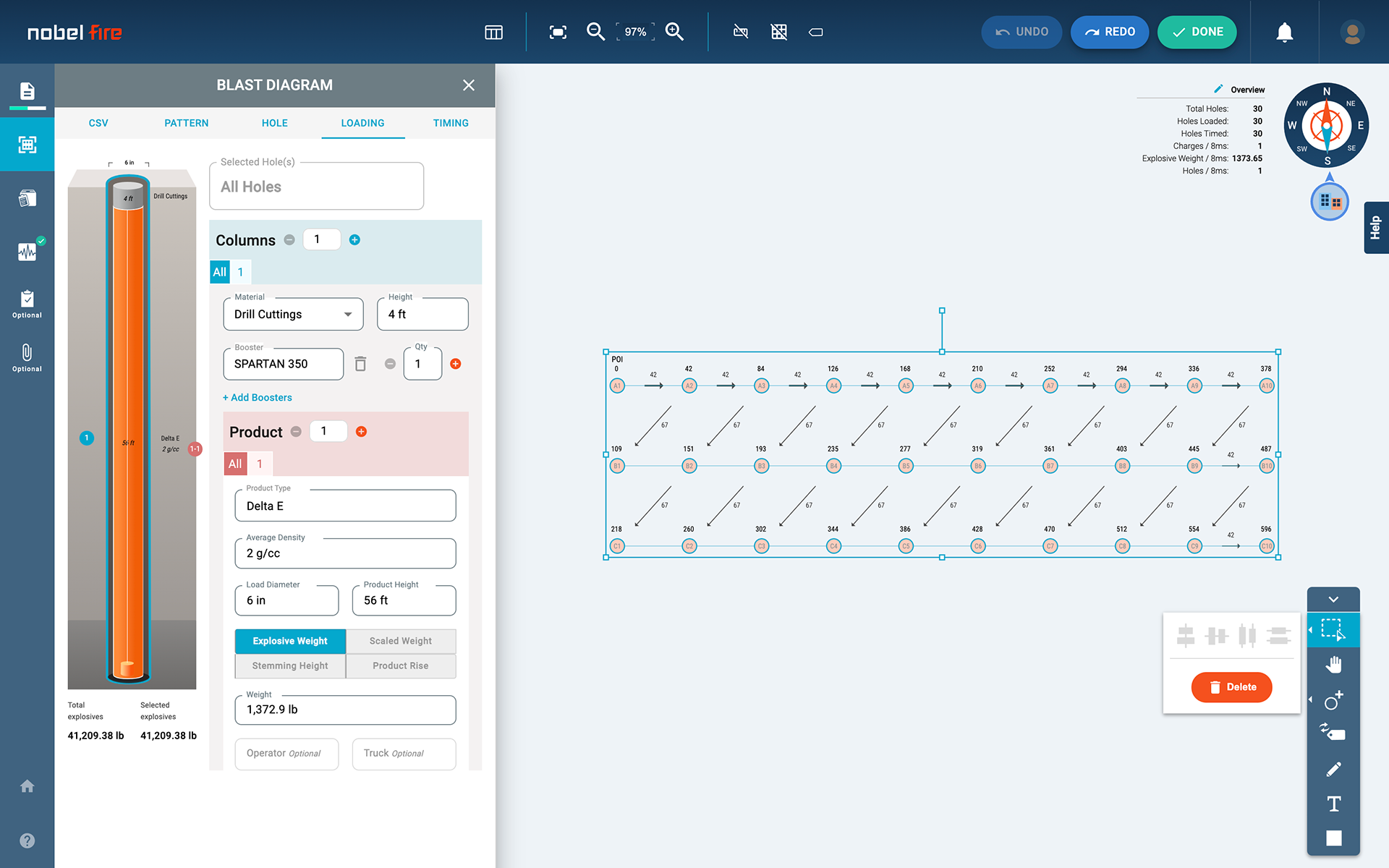 Nobel Fire blast pattern editor showing hole layout and timing controls