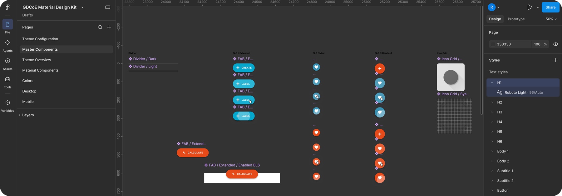 Nobel Fire Material Design system: master components, colors, and text styles in Figma
