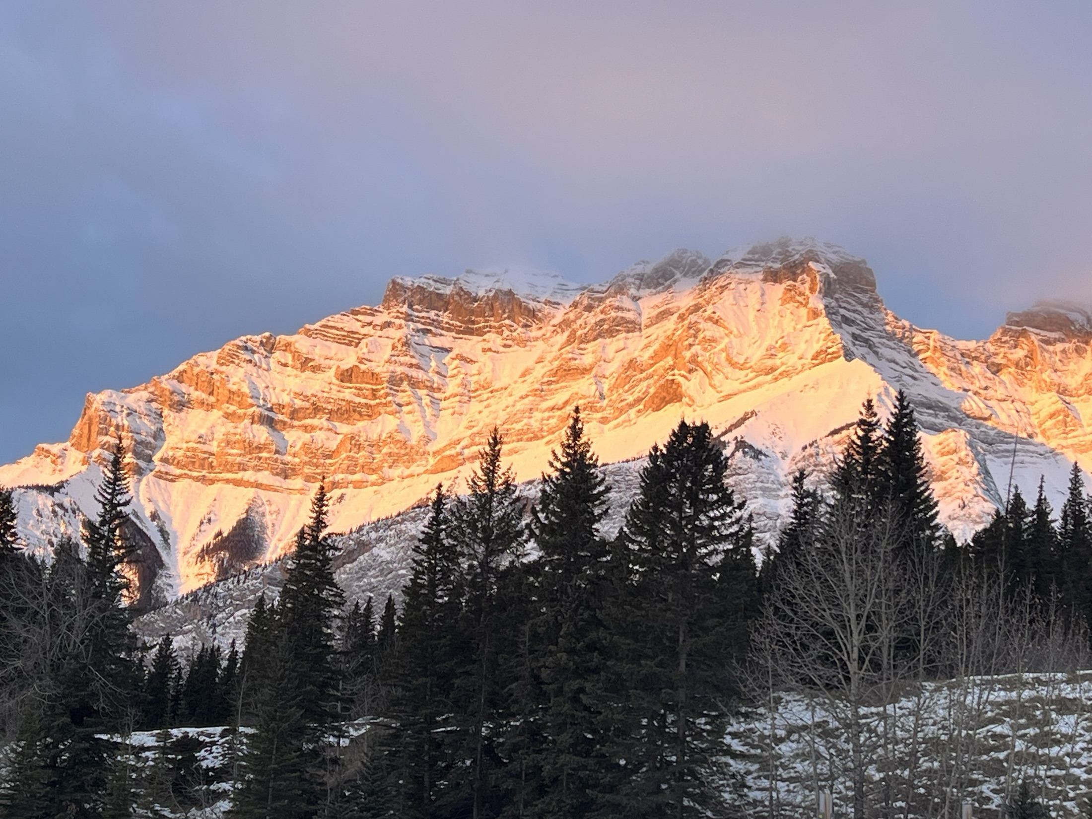 Alpenglow lighting a snow-capped peak, Banff