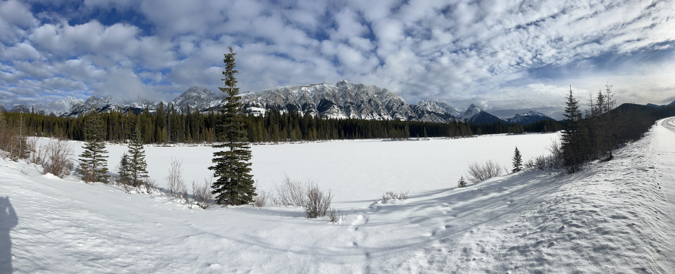Panoramic view of a snow-covered lake and forest, Banff