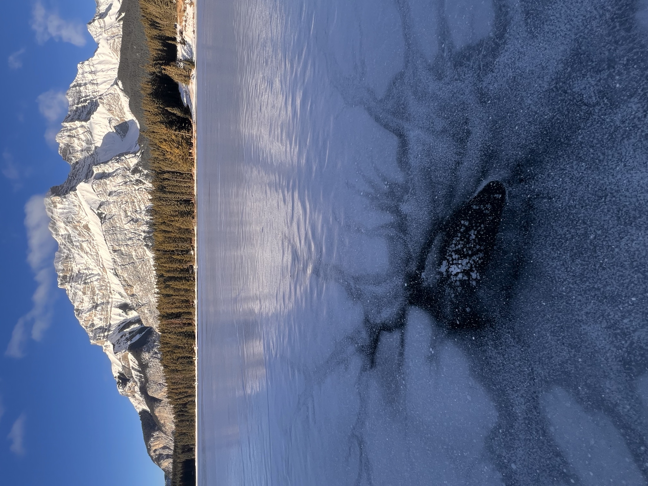 A star-shaped crack pattern in frozen lake ice with a mountain backdrop, Banff