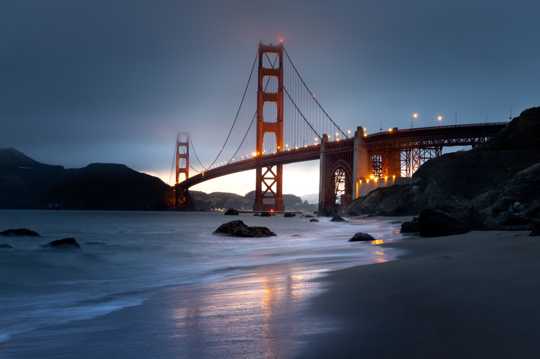 The Golden Gate Bridge at dusk from Marshall's Beach
