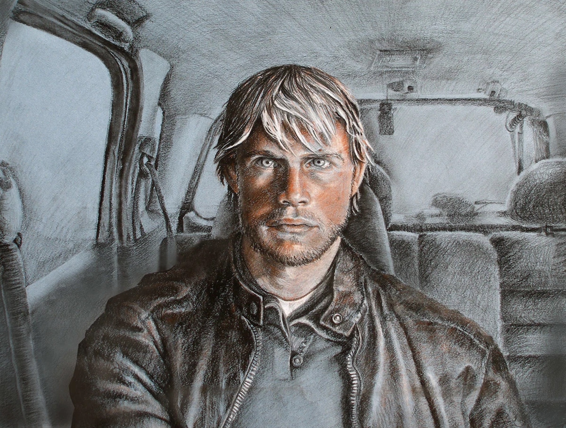 Self portrait, charcoal, seated in a car