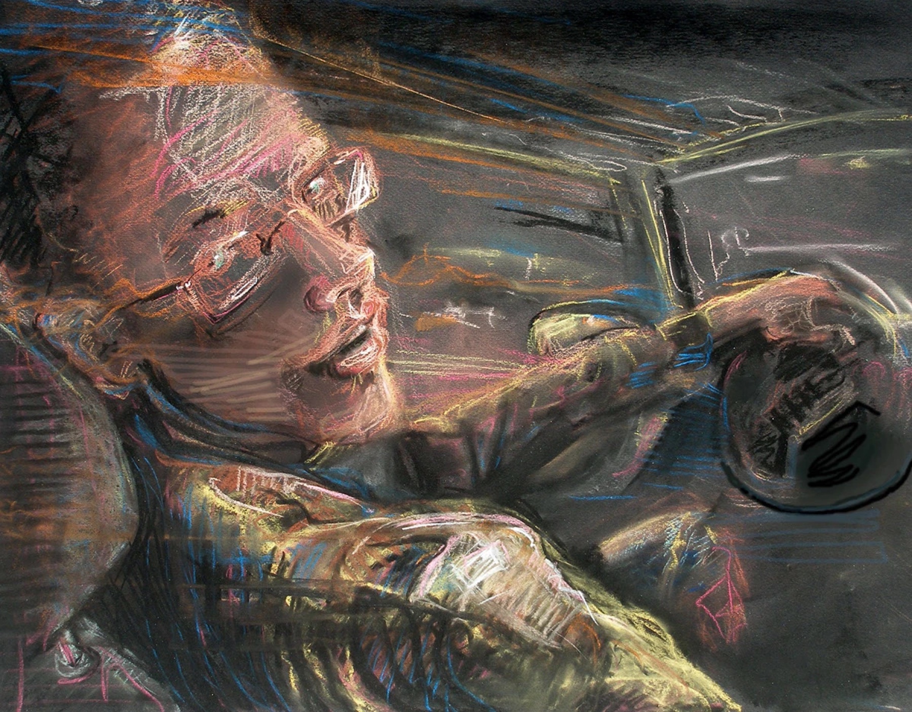 Self portrait, mixed media, driving
