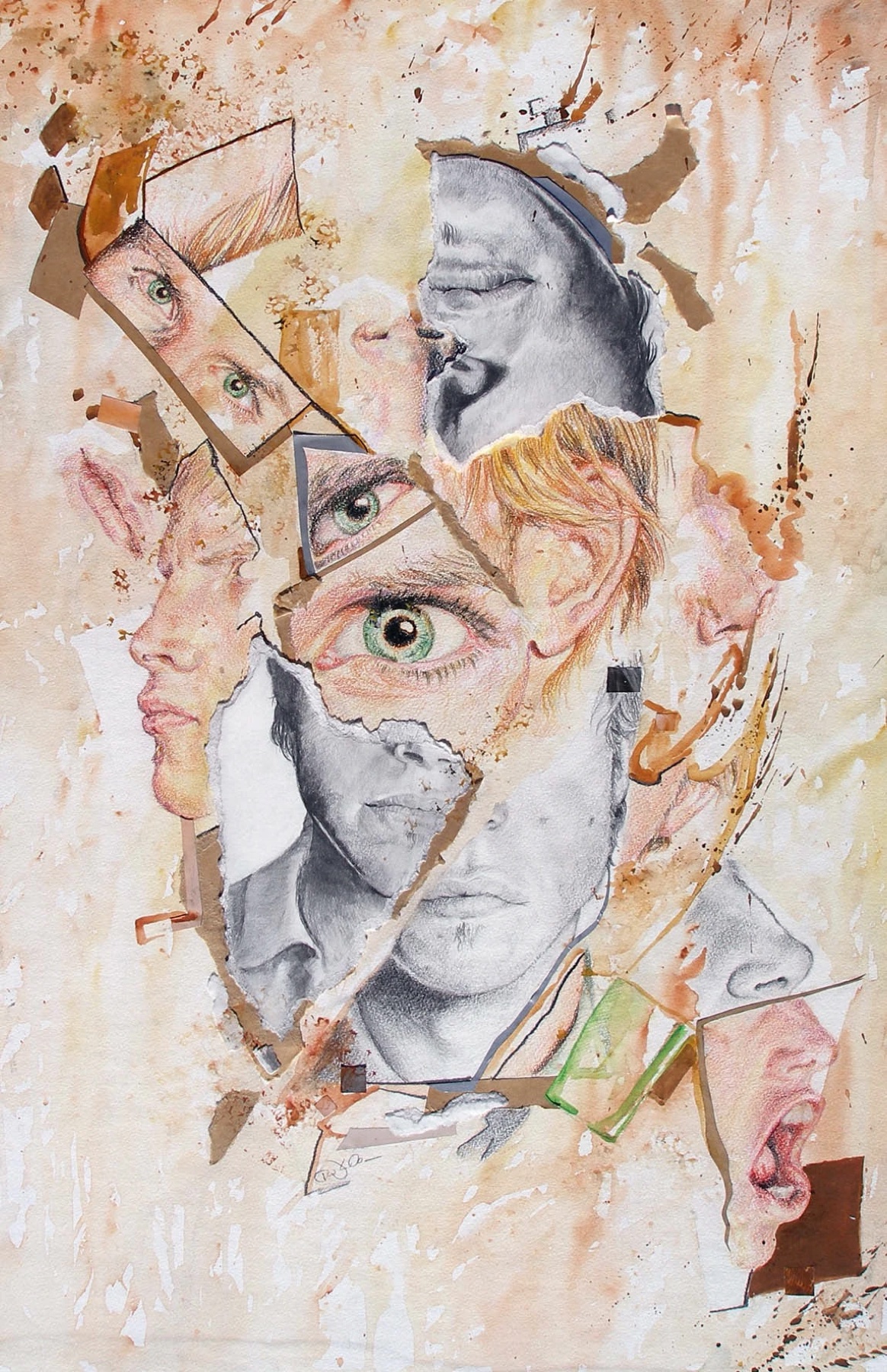 Self portrait, mixed media, fractured composition