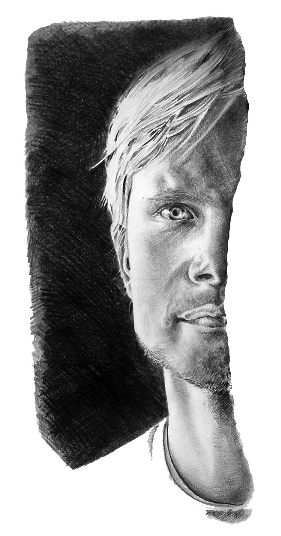 Self portrait, charcoal, split light and shadow