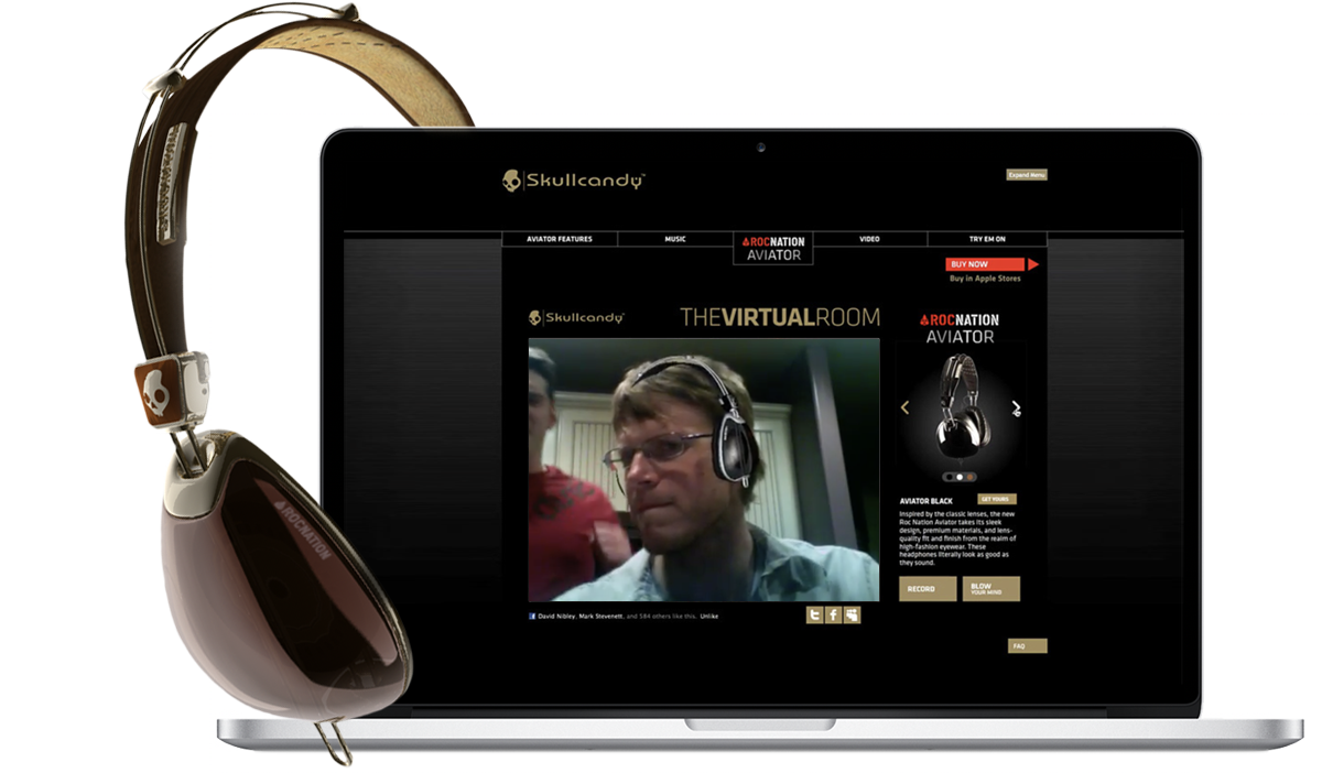 Skullcandy Virtual Room augmented-reality try-on shown on a laptop, alongside the 3D headphone model