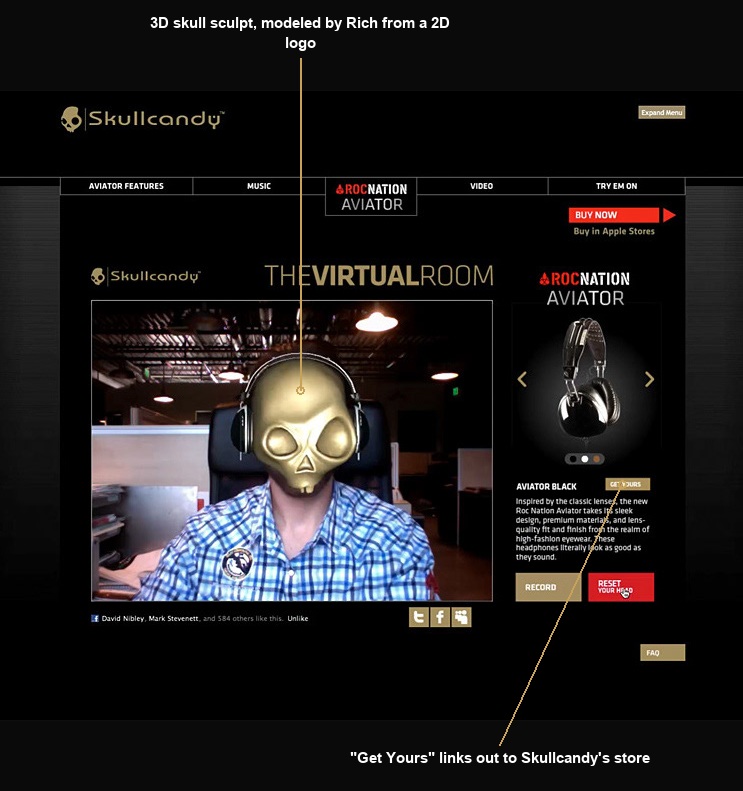 3D Skullcandy skull sculpt revealed on the shopper's head, with a callout for the Get Yours link