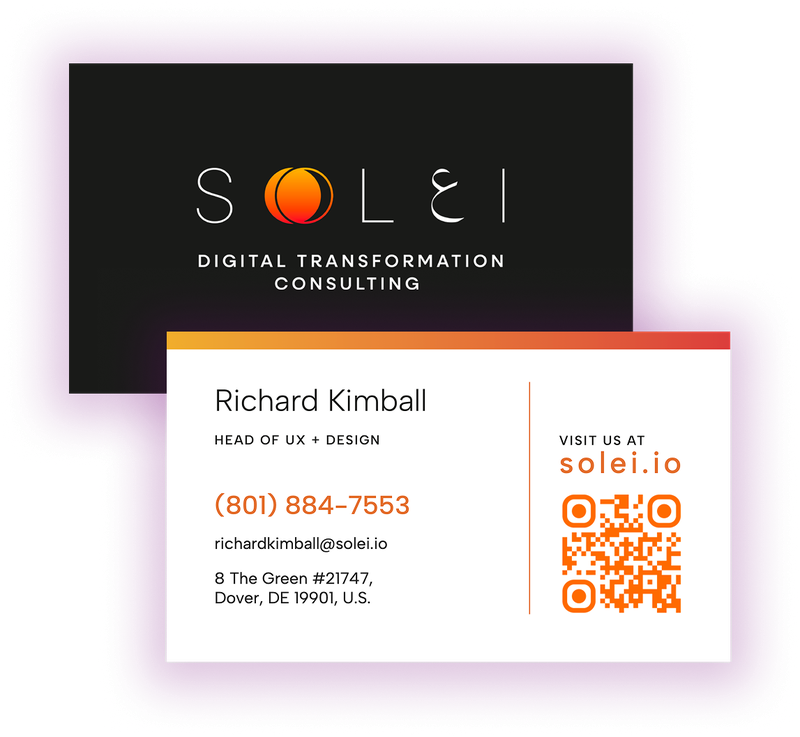 Solei business card, front and back overlapping