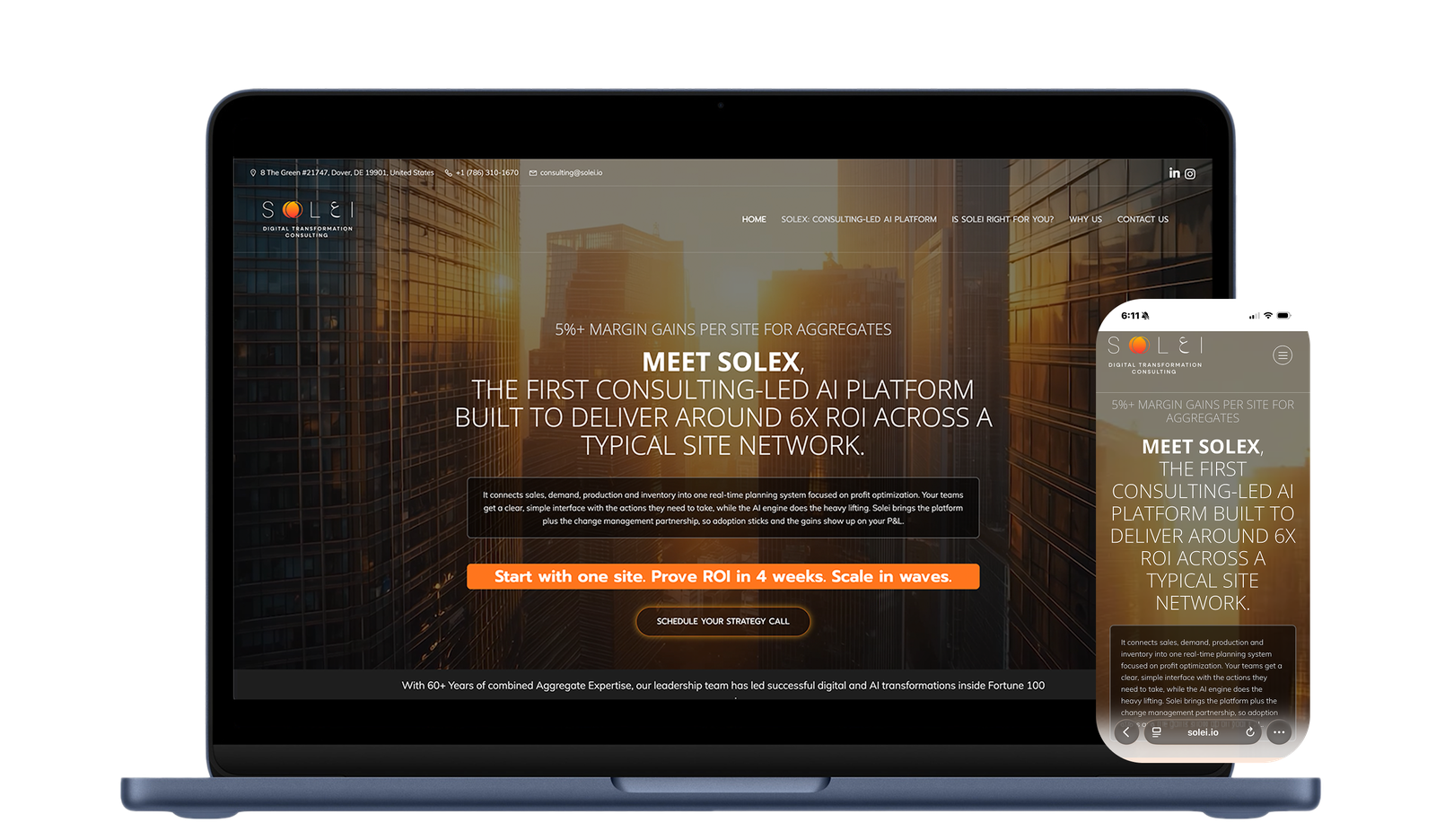 Solei digital transformation consulting website on a laptop and phone