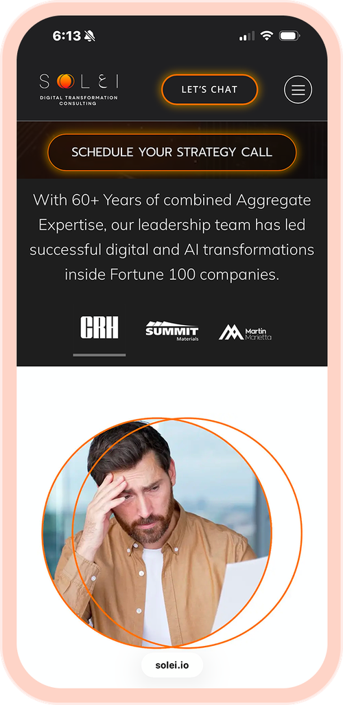 Solei.io mobile page in a phone frame, with a "Schedule Your Strategy Call" CTA and Fortune 100 client logos