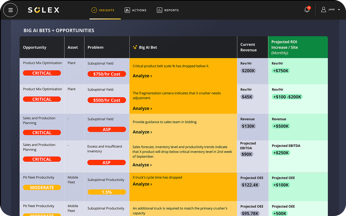 Solex Big AI Bets and Opportunities table with projected ROI per site