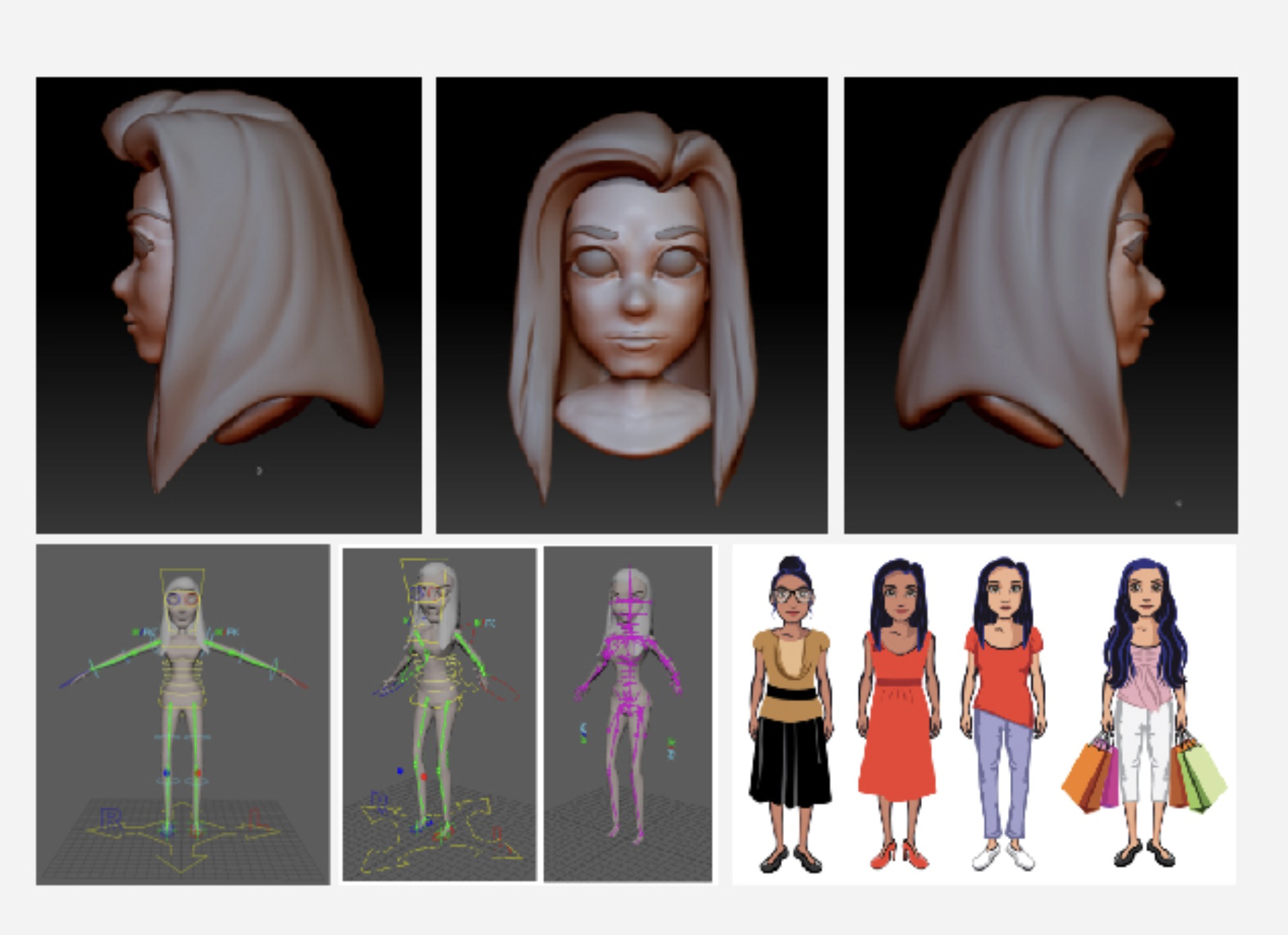 One avatar's 3D pipeline: sculpt, rig, and outfit variations