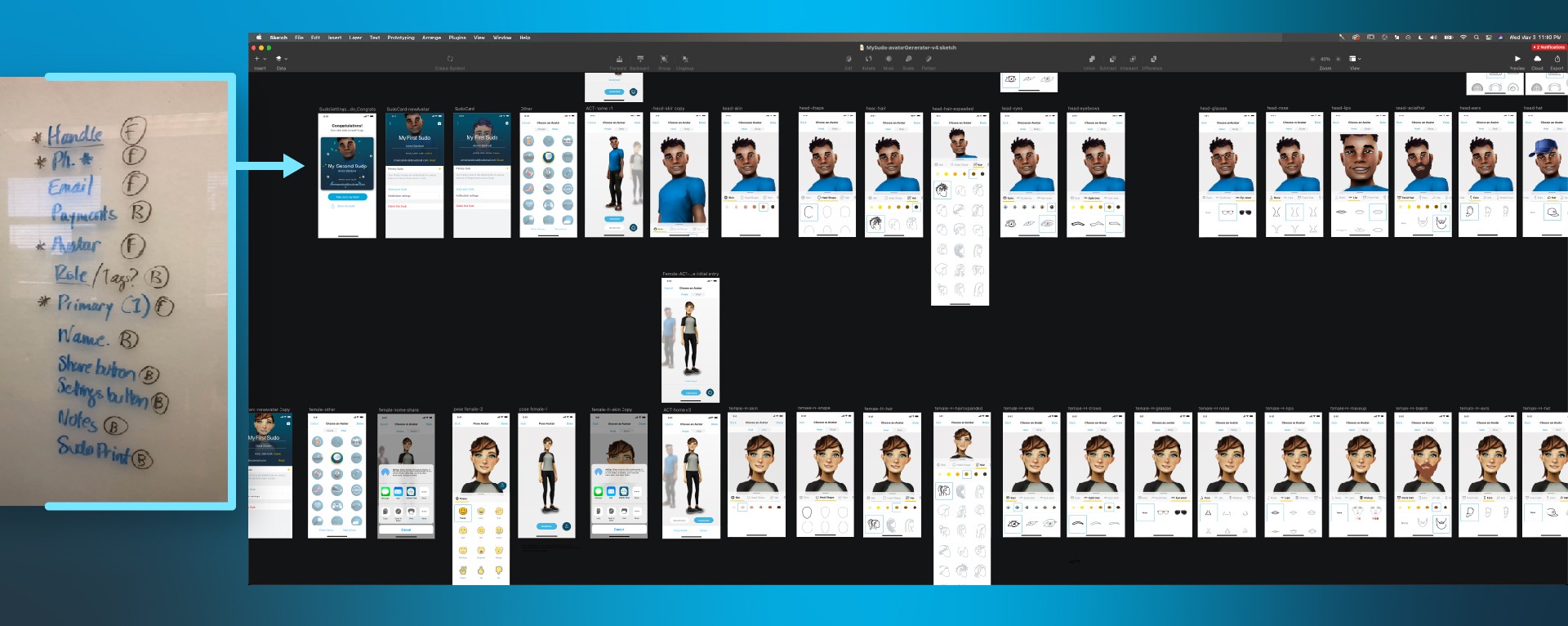 The actual Sketch file behind the avatar builder, with dozens of screen iterations and a whiteboarded data-model note