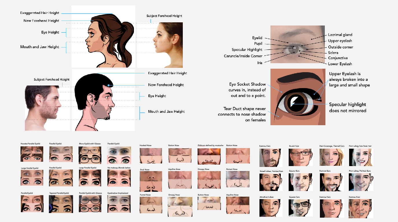 Facial feature research comparing eye, nose, and ear variations