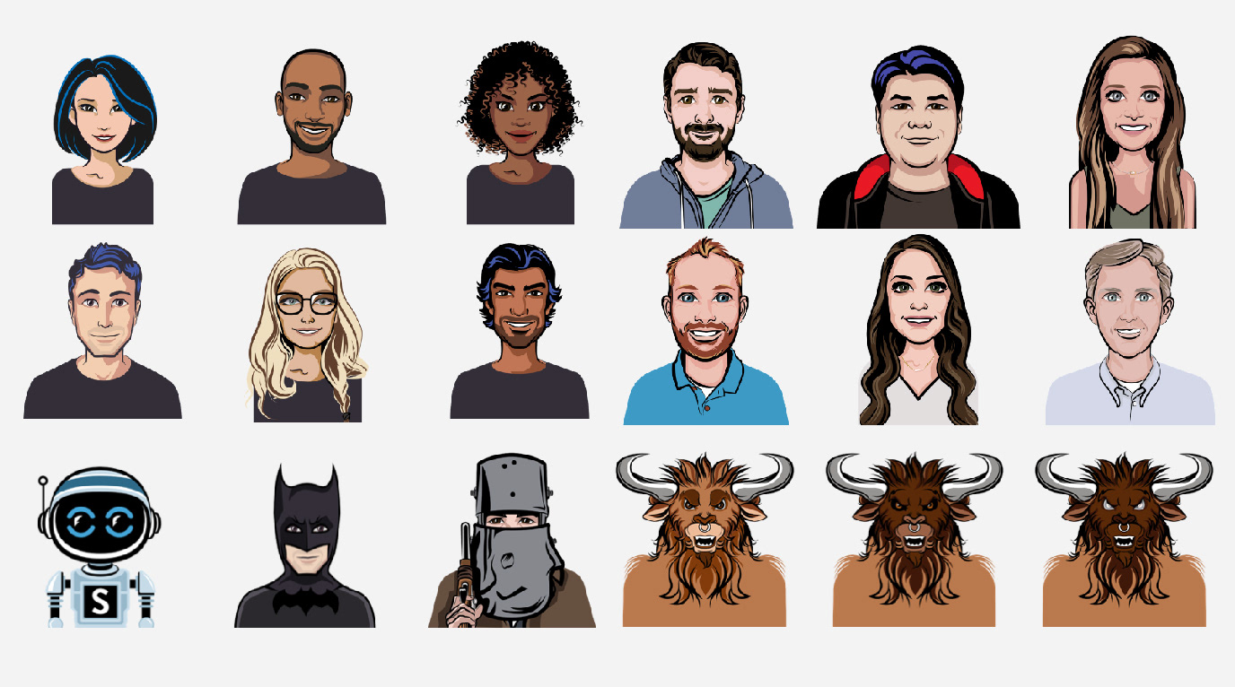 Grid of finished avatar characters, including several novelty options