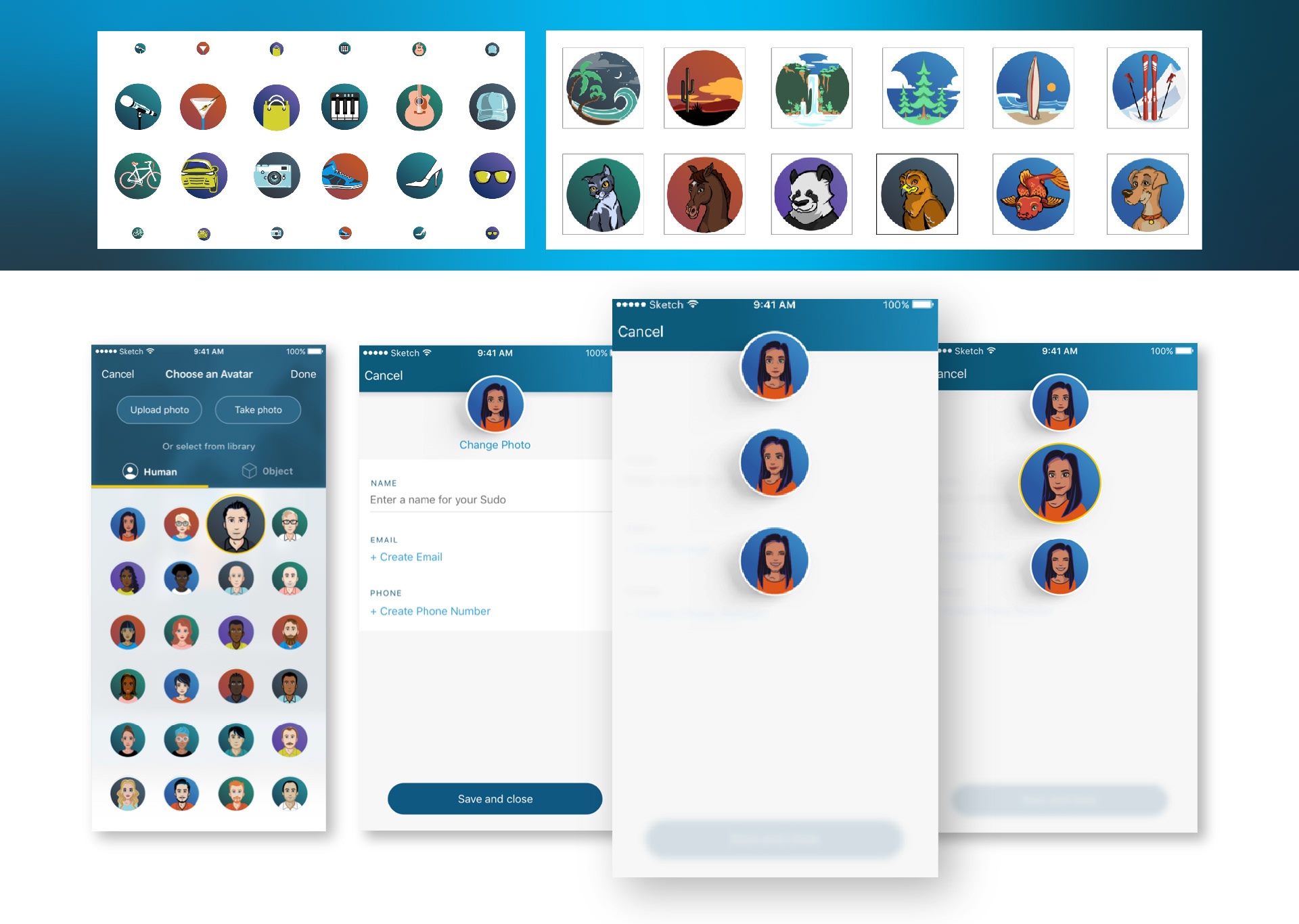 Avatar selection grid and in-chat avatar messaging screens